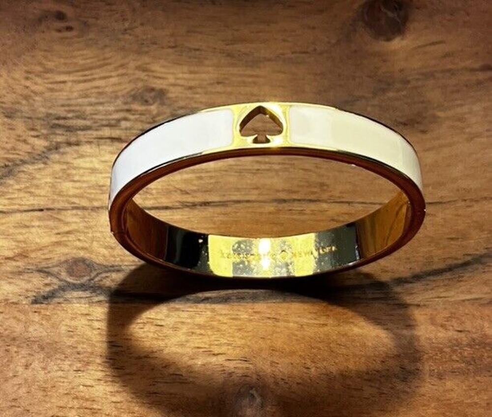 Kate Spade Gold Tone Off White Enamel Hinged Bangle Bracelet Stamped